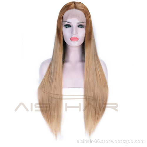 Aisi Hair Ombre Brown Lace Front Long Straight Wig High Temperature Fiber Synthetic Silk Straight Lace Front Long Wigs for Women